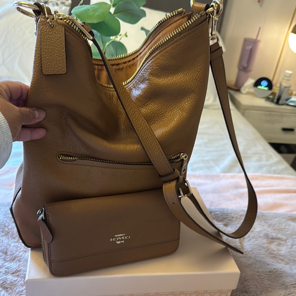 Coach Tan Leather Shoulder Bag with Textured Finish